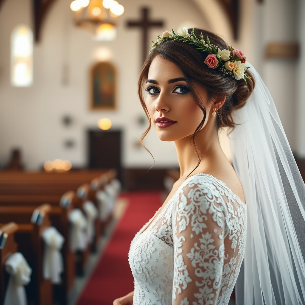 church scene, bridal model, delicate lace gown, floral headpiece, soft romantic focus, high-key lighting and an 85mm lens for soft, even tones that highlight the model’s face and bright outfit against a white or light background