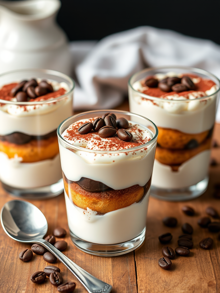 Dessert cups filled with layers of creamy mascarpone cheese and coffee-soaked ladyfingers topped with cocoa powder and coffee beans on a wooden table with a spoon nearby