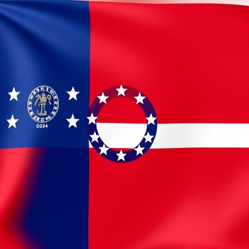 Create a high-resolution image of the Georgia state flag featuring a blue canton with a design of a state seal surrounded by 13 white stars, a red field, and a white horizontal stripe, shot with a DSLR camera using a 50mm lens at f/8, 1/125s, ISO 100, captured from a straight-on perspective with soft natural lighting to enhance colors and details.
