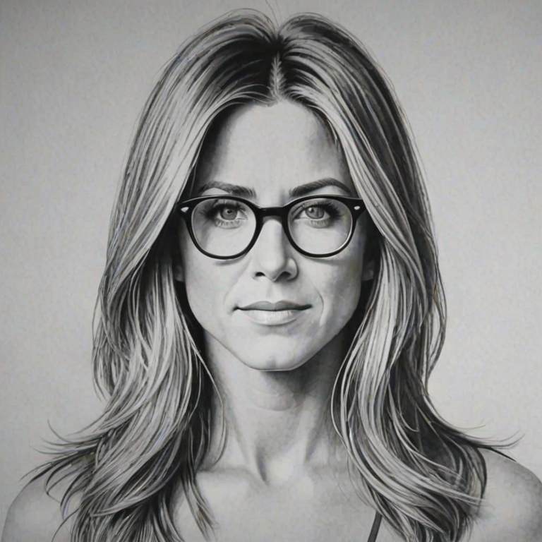 Fascinating Jennifer Aniston, pencil sketch, portrait of Dazzling woman 1966s in glasses, hair style beatnik, outline, clear lines, fine lines, 8k