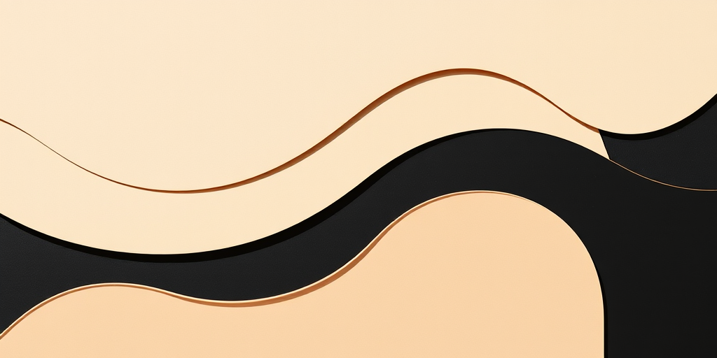 Create a minimalist abstract design featuring layered shapes with smooth curves and lines, using a palette of beige, black, and terracotta tones, shot with a DSLR camera at f/2.8, ISO 100, 50mm lens, in natural light for soft shadows, top-down view for a balanced composition.