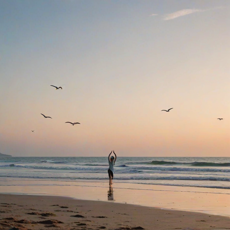 Tranquil beach scene at dawn, with gentle waves lapping at the shore, a lone figure practicing yoga on the sand, and seagulls soaring in the clear sky.