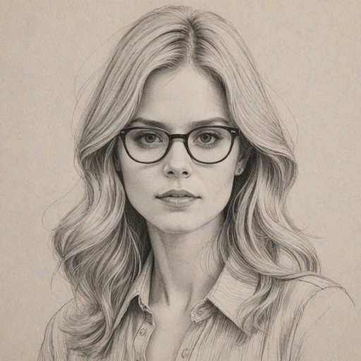 Delightful Erin Moriarty, pencil sketch, portrait of Sublime woman 1977s in glasses, hair style beatnik, outline, clear lines, fine lines, 8k