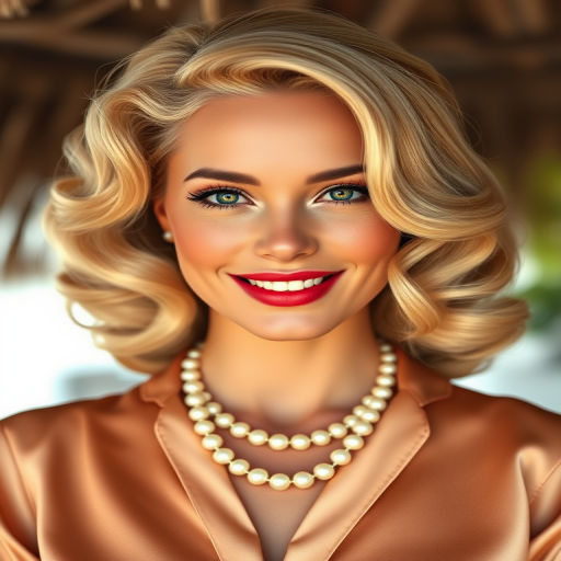 A beautiful Tahitian woman reminiscent of 1950s Hollywood glamour, with perfectly styled blonde hair and a seductive smile, dressed in a satin blouse and adorned with pearls, soft and warm tones, photorealistic, 8K