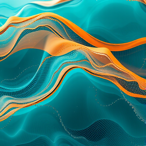 create an abstract composition featuring flowing teal and orange waves with intricate textures in high resolution, using a DSLR camera, f/2.8 aperture, ISO 100, 50mm lens, capturing a close-up view to enhance detail and depth