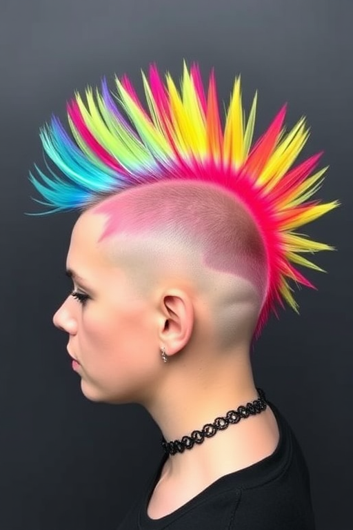 Bold rainbow mohawk called "Prism Punk" features a vibrant spectrum of colors in a perfectly blended gradient, styled with sharp spikes and shaved sides