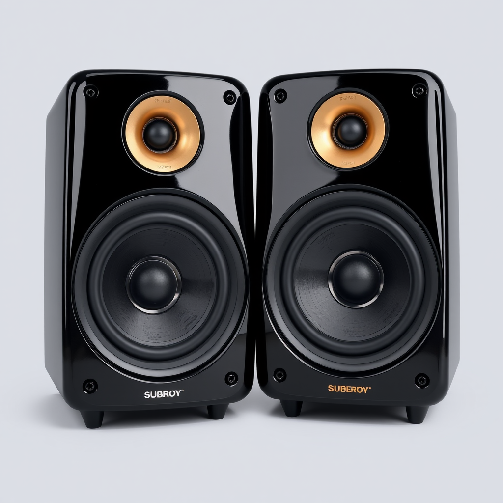 Create a high-resolution image of a pair of sleek black speakers with gold trim positioned in a dynamic angle, using a DSLR camera with a 50mm lens, aperture set to f/1.8, ISO 100, and a softbox lighting setup for even illumination.