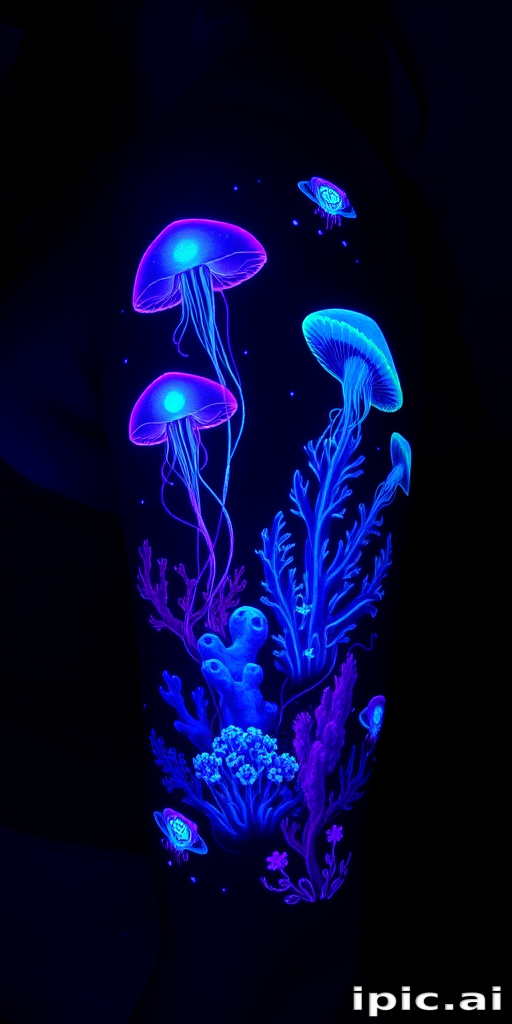 Mystical UV blacklight tattoo named "Bioluminescent Dreams" featuring hidden designs that only become visible under ultraviolet light depicting an ethereal underwater scene with glowing jellyfish coral formations and bioluminescent organisms rendered in specialized UV-reactive inks that appear as subtle off-white markings in normal lighting but burst into vibrant fluorescent colors when exposed to blacklight