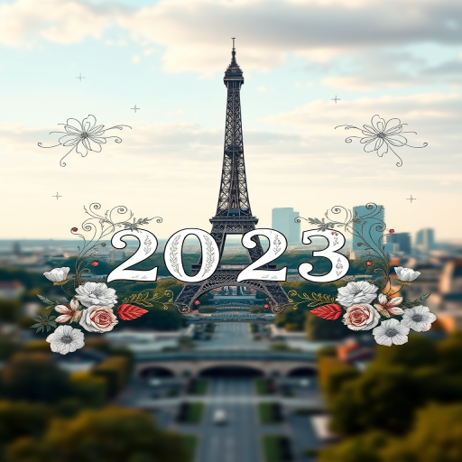 Create a high-resolution image of a stylized Paris skyline with the Eiffel Tower, intricate floral designs, and the year "2023" prominently displayed, using a Canon EOS R5 with a 50mm lens at f/1.8, ISO 100, and a shallow depth of field for a blurred background effect.