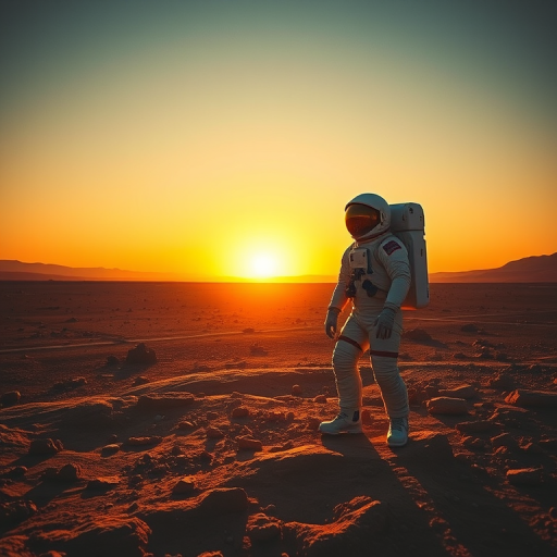 Create an image of an astronaut standing on a barren alien landscape at sunset, capturing a wide-angle view with a DSLR camera, ISO 100, f/8 aperture, and a 24mm lens to enhance the depth of field and detail in the foreground and background.