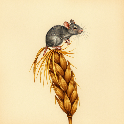 Soft, muted Alcohol Ink with ebru effect background image of tiny whimsical rat, who climbed high on the top of a golden rye ear.