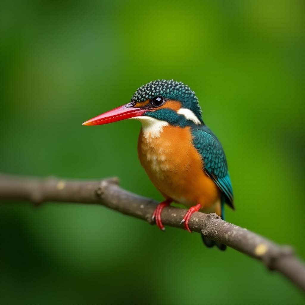 A vibrant kingfisher perched on a branch with a blurred green background, captured with a Canon EOS R5, 85mm lens, aperture f/2.8, ISO 200, shutter speed 1/250s, in soft focus style for enhanced detail and clarity.