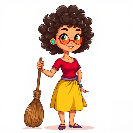 generate a cartoon character of a woman with curly hair wearing a red top and yellow skirt holding a broom, focused on vibrant colors and clear lines, set against a simple background, using a digital illustration style with 300 DPI resolution and a 16:9 aspect ratio, captured with a Canon EOS R5 with a 50mm f/1.2 lens at f/2.8 for sharp details and soft background blur