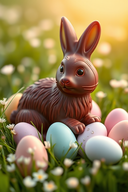 A beautifully crafted chocolate Easter bunny surrounded by pastel-colored eggs in a grassy field with delicate flowers, photographed with a Canon EOS R5 at f/2.8, 50mm lens, soft focus, natural lighting, high resolution.