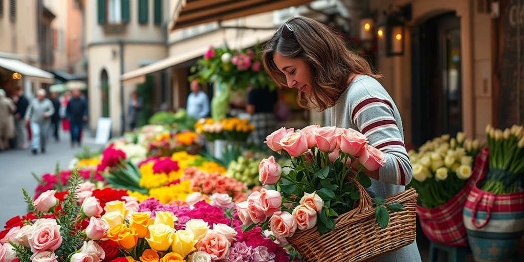 Flower market in a European village, the air filled with the scent of fresh blooms, a woman carefully selects a bouquet of roses, her basket already full of produce.