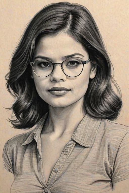 Fascinating Melonie Diaz, pencil sketch, portrait of Stunning woman 1943s in glasses, hair style beatnik, outline, clear lines, fine lines, 8k
