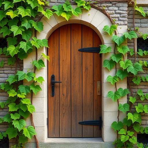 A rustic wooden door set in a stone wall with lush green vines creeping around it, captured in soft natural light, using a DSLR camera with a 50mm lens, aperture f/2.8, shutter speed 1/125 sec, ISO 100, and a slight vignette effect to enhance focus on the door.
