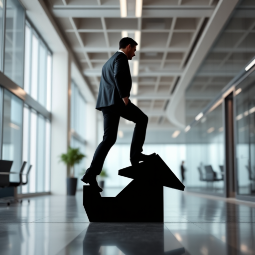 Create an image of a silhouette of a man stepping up on a large upward arrow in a modern office setting, using a 50mm lens, f/1.8 aperture, ISO 200, shot from a slightly low angle with a shallow depth of field for enhanced focus and vibrancy.
