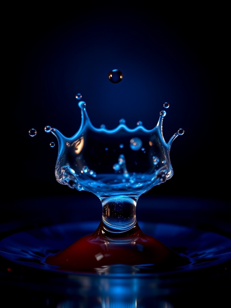 Create a high-speed photograph of a water droplet splash with a focus on the crown shape, using a Canon EOS 5D Mark IV, f/8 aperture, ISO 100, 1/2000s shutter speed, shot from a low angle with a macro lens in a dark setting with dramatic blue lighting to enhance contrast.