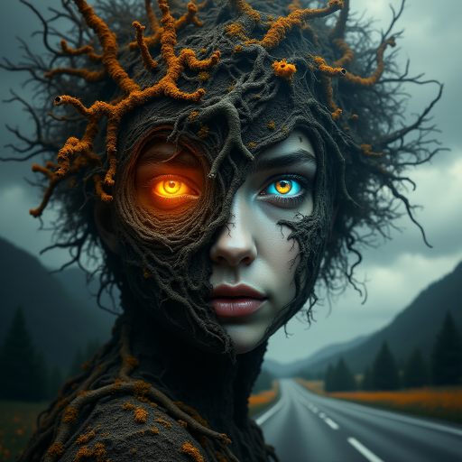 A surreal portrait of a woman's face merging with nature and a road. One half of her face is covered in glowing orange vines, tree roots, and dense forest vegetation. The other half is in grayscale, featuring storm clouds and a road that stretches into the horizon. Both of her eyes are highly expressive: one glowing amber and the other cool blue. The scene contrasts vibrant nature with a stormy, monochromatic landscape, with mountains in the background. The image is highly detailed, with dramatic lighting and texture, creating a mystical, harmonious balance between nature and humanity.