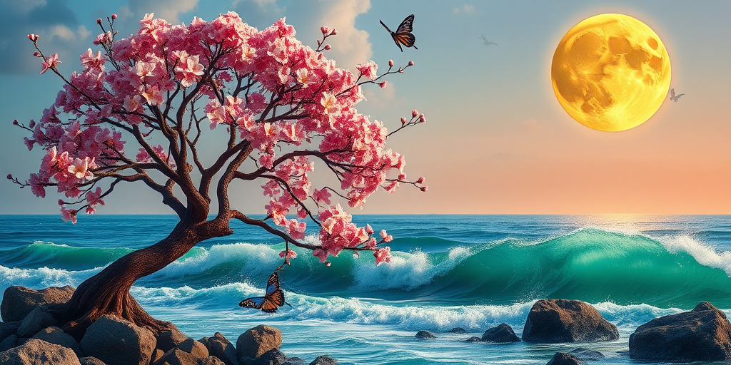 Create a vibrant and stylized landscape featuring a blossoming tree by the sea, with waves in shades of blue and green, a large yellow moon in the sky, and butterflies fluttering around, use a Canon EOS R5 with a 24-70mm lens at f/8, ISO 100, 1/200s, in soft natural lighting, wide-angle view, emphasizing color saturation and detail in the foliage and water.