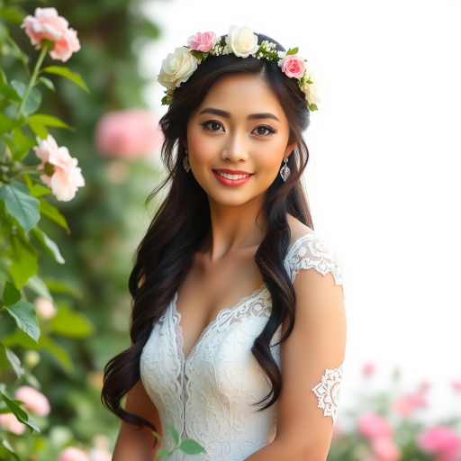 garden scene, Filipina bridal model, delicate lace gown, floral headpiece, soft romantic focus, high-key lighting and an 85mm lens for soft, even tones that highlight the model’s face and bright outfit against a white or light background