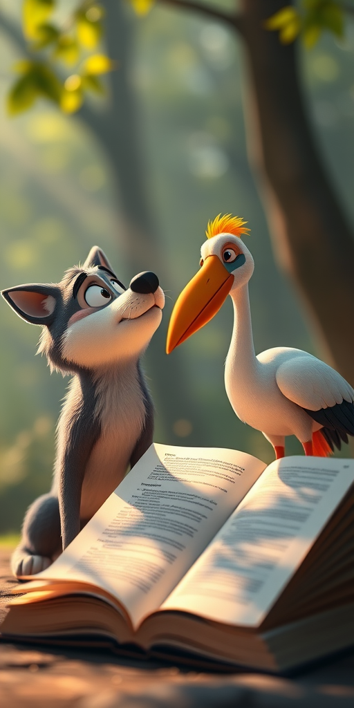 Create an animated scene featuring a cartoon wolf looking up with a pleading expression at a stork standing beside a large open book, captured with a Canon EOS R5 camera, 85mm lens, f/1.8 aperture, ISO 100, soft natural lighting, and a shallow depth of field for enhanced focus on the characters.