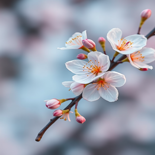 Create a highly detailed watercolor painting of a blooming flower branch with soft pastel colors, using a Canon EOS R5 camera, 50mm lens, f/1.8 aperture, ISO 100, top-down view, eight-second exposure for a dreamy effect.