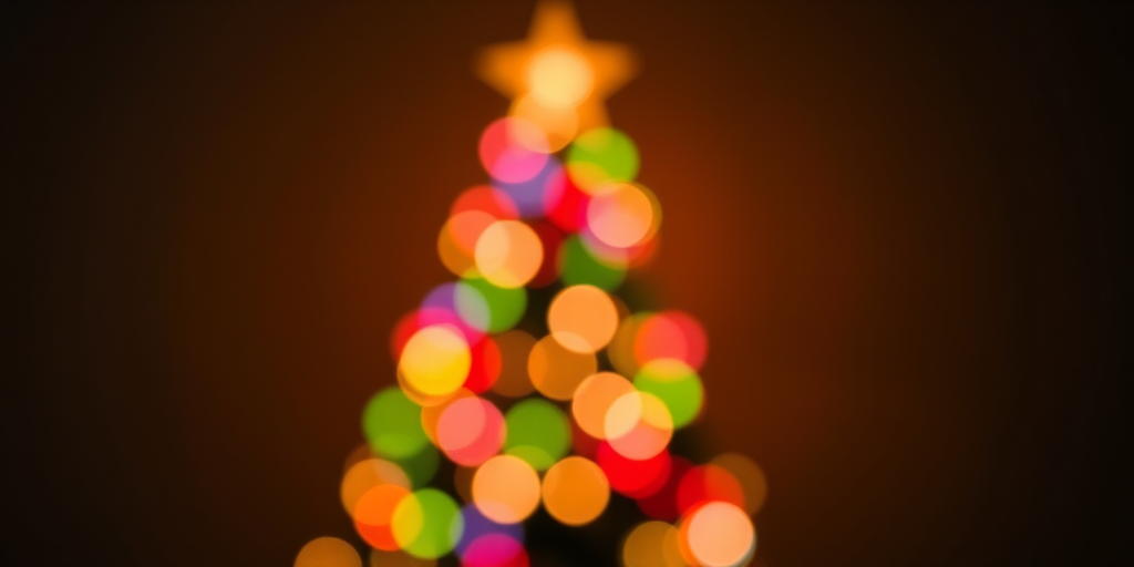 Create a blurred image of a Christmas tree made of colorful bokeh lights against a dark background, shot with a Canon EOS R5, 85mm lens, aperture f/1.8, ISO 100, and a shallow depth of field to enhance the light effects.