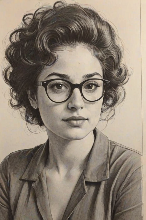 Pleasing Ilana Glazer, pencil sketch, portrait of Stunning woman 1960s in glasses, hair style beatnik, outline, clear lines, fine lines, 8k