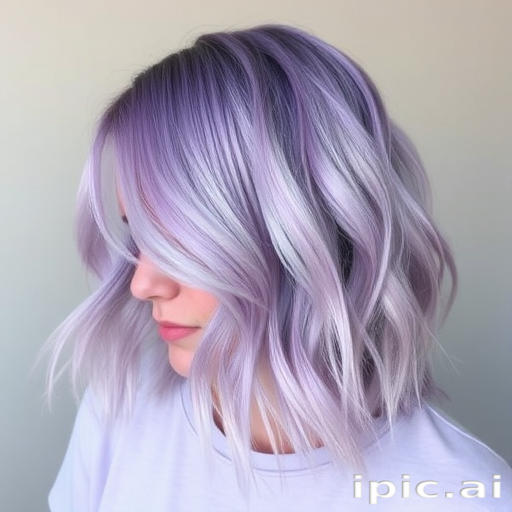 Soft lavender lob with loose beachy waves, subtle root shadow for depth, effortlessly tousled styling exuding a carefree and youthful vibe