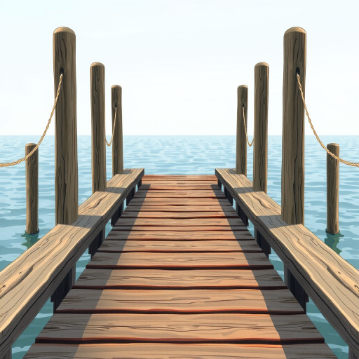 Generate a high-resolution illustration of a wooden dock with planks and supporting poles, using a 35mm lens, f/8 aperture, 1/125s shutter speed, shot from a slightly elevated angle to provide depth and clarity, in a realistic digital art style.