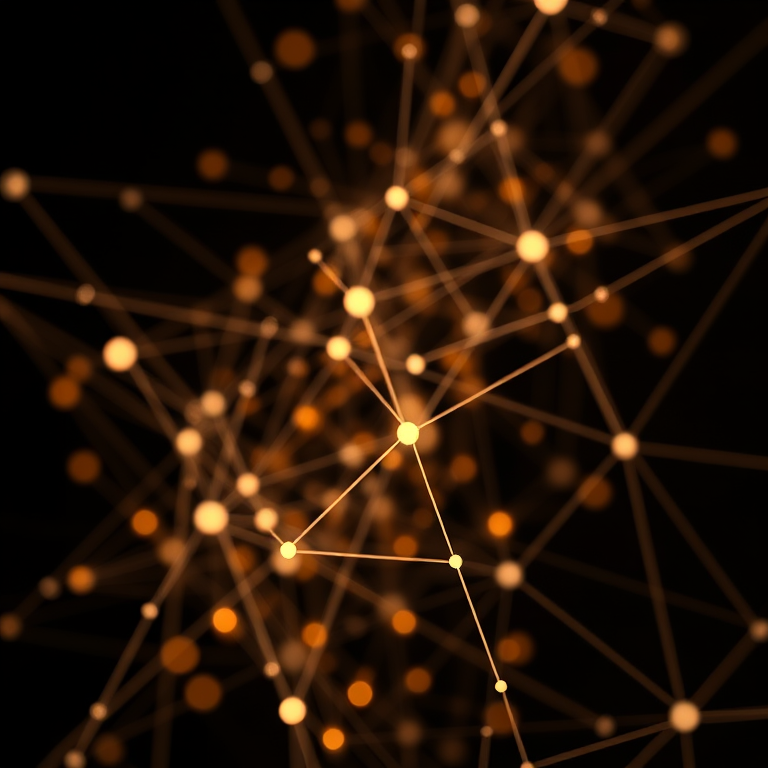 Generate a high-resolution abstract image of interconnected nodes and lines in a dark background, using a DSLR camera with a 50mm lens, aperture set to f/1.8, ISO 100, and a shallow depth of field for enhanced clarity and focus.