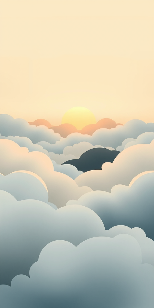 Create an abstract landscape illustration featuring soft, layered clouds in pastel shades of white, beige, blue, and black, with a warm sun in the background, using a digital art style with high-resolution settings; camera type DSLR, lens 35mm, aperture f/8, ISO 100, and bright natural lighting for enhanced clarity.