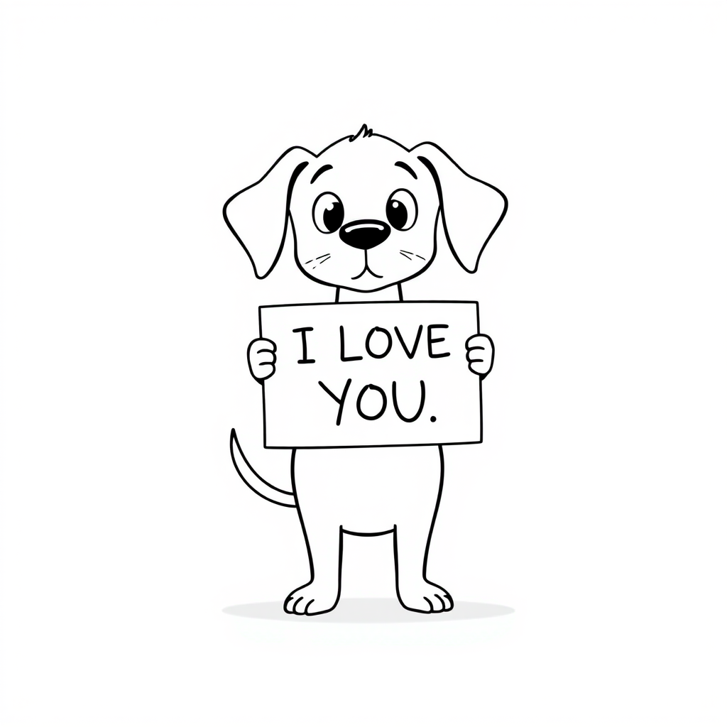 A minimalist cartoon of a PUPPY standing on a blank white background, holding a sign that simply says, 'I LOVE YOU.' The puppy is drawn with just a few lines: big eyes, whiskers, floppy ears, and a straight tail, giving it a comically desperate expression.