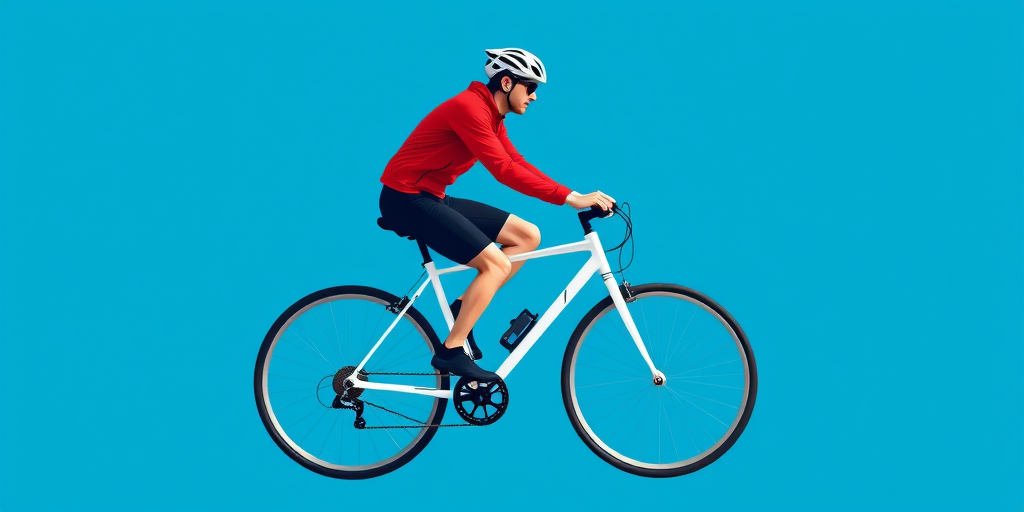 Create a vibrant vector illustration of a cyclist in a red jacket riding a white bicycle against a solid blue background, using a DSLR camera with a 50mm lens, aperture f/2.8, ISO 100, and a shallow depth of field for enhanced clarity and detail.