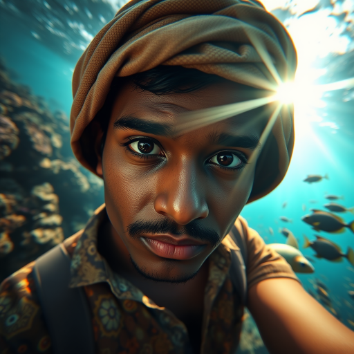 Realistic selfie image of a Sri Lankan, wearing a vintage outfit, detailed dreamy eyes, droopy hooded eyes, staring at the camera, taken underwater at coral reef with a sunbeam filtering through the water, vibrant, summer vacation, natural lighting, turtle and school of tropical fish with vibrant colors, rendered in the style of CryEngine, Pegi Nicol MacLeod, with realistic genre scenes, hauntingly beautiful narratives, ultra-realism, and Thomas Saliot's close-up technique, 8K resolution, crystal clear and sparkling water.