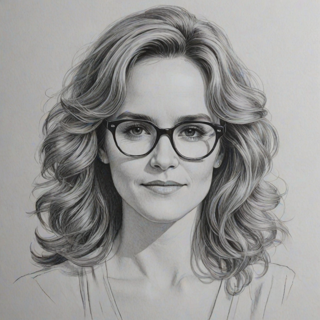 Attractive Lea Thompson, pencil sketch, portrait of Dazzling woman 1973s in glasses, hair style beatnik, outline, clear lines, fine lines, 8k