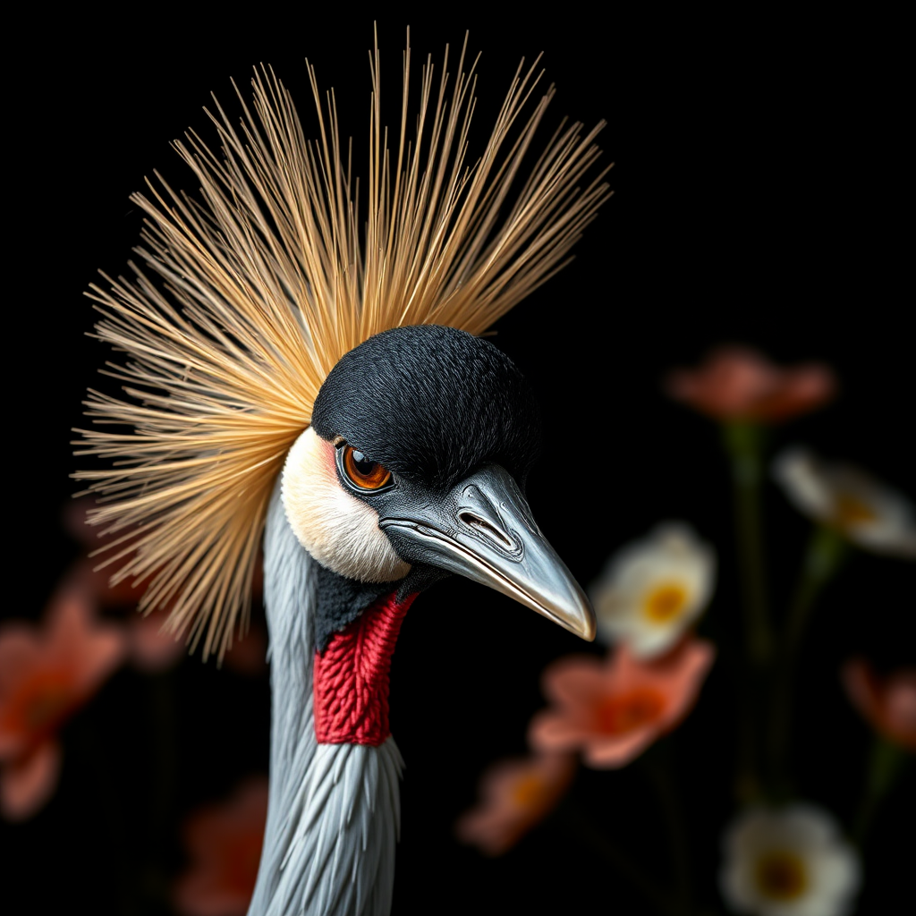 portrait of a crowned crane with intricate details, soft diffused lighting, shallow depth of field, 85mm lens, f/1.8 aperture, ISO 100, shot in a studio setting, dark background with flowers, high-resolution photography