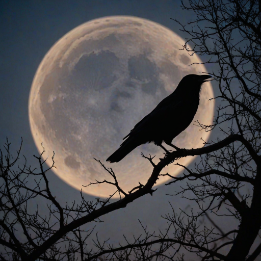 A fantastical photo featuring the silhouette of a crow perched on the branches of a tree, set against the backdrop of a large, luminous moon. Incorporate fantasy elements into the posture of the crow and the shape of the branches, depicting a mysterious scene illuminated by the moonlight on a tranquil night. Use warm tones to enhance the cozy atmosphere of this enchanting and elegant scene. insanely detailed, High contrast and low saturation.