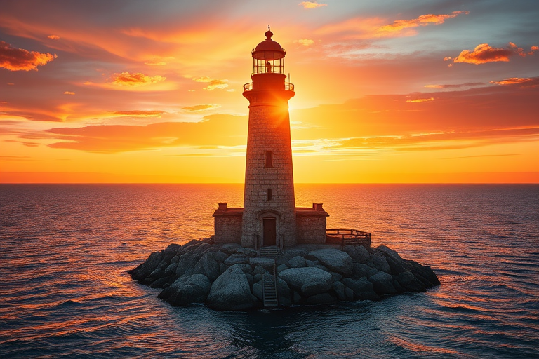Generate an image of a tall lighthouse perched on a rocky outcrop surrounded by calm ocean waters during a breathtaking sunset. The lighthouse stands sturdy and weathered, its stone surface illuminated by the warm golden light of the setting sun. The sun's rays pass directly through the glass lantern room at the top of the lighthouse, casting a brilliant light across the scene. The sky is painted with vibrant shades of orange, pink, and purple, reflecting off the tranquil sea. The surrounding water shimmers with the same warm hues, creating a serene and majestic atmosphere.