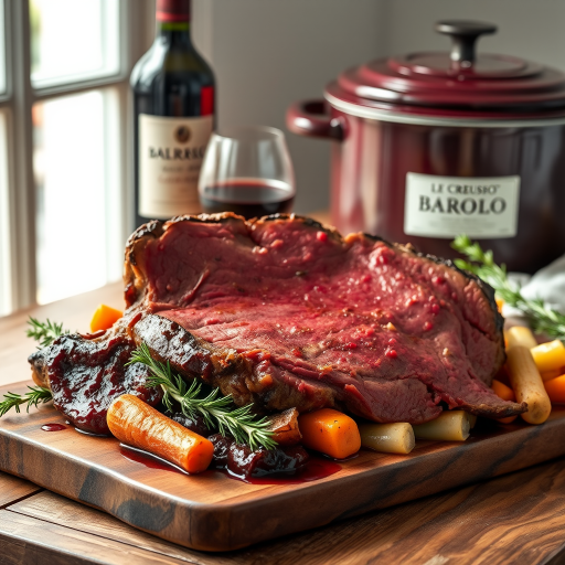 Soft, diffused natural light from a large window on the left, with a white reflector on the right for fill. 45-degree angle view, shallow depth of field focusing on the succulent meat. A tender beef roast, marinated and slow-cooked in Barolo wine, presented on a rustic wooden board. The meat is falling apart, glistening with a rich, deep red wine reduction sauce. Surrounding the roast, a colorful mirepoix of carrots, onions, and celery, their edges caramelized and infused with the wine's flavor. A small bunch of fresh rosemary and thyme as garnish. In the background, a half-filled glass of Barolo wine and a Le Creuset Dutch oven, hinting at the cooking method. 8K resolution, photorealistic rendering with intricate textures of the meat fibers and vegetable pieces.