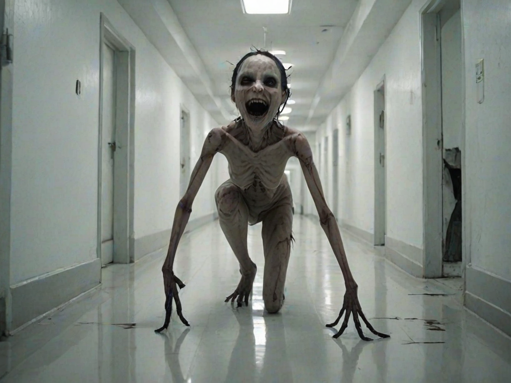 a crooked female with long arms and a creepy smile is crawling along a long white corridor and you can also see cockroaches in it there is a creepy atmosphere creepy art style