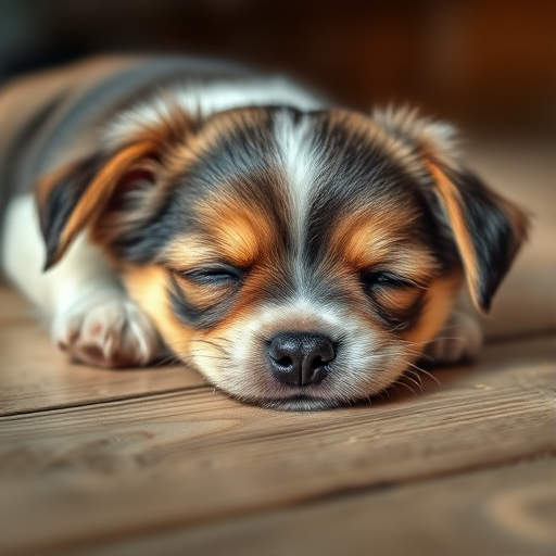 A close-up photograph of a sleeping small dog with soft fur resting on a wooden surface, captured in natural light, using a DSLR camera with a 50mm lens, aperture set to f/1.8 for shallow depth of field, ISO 200, and a shutter speed of 1/100 sec to enhance image clarity and detail.