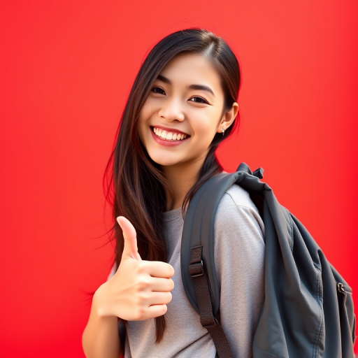 portrait of a smiling young woman with a backpack standing against a bright red background, thumbs up gesture, natural light, aperture f/2.8, ISO 100, shutter speed 1/250s, shot with a DSLR camera, 50mm lens, slight right angle view to emphasize the background