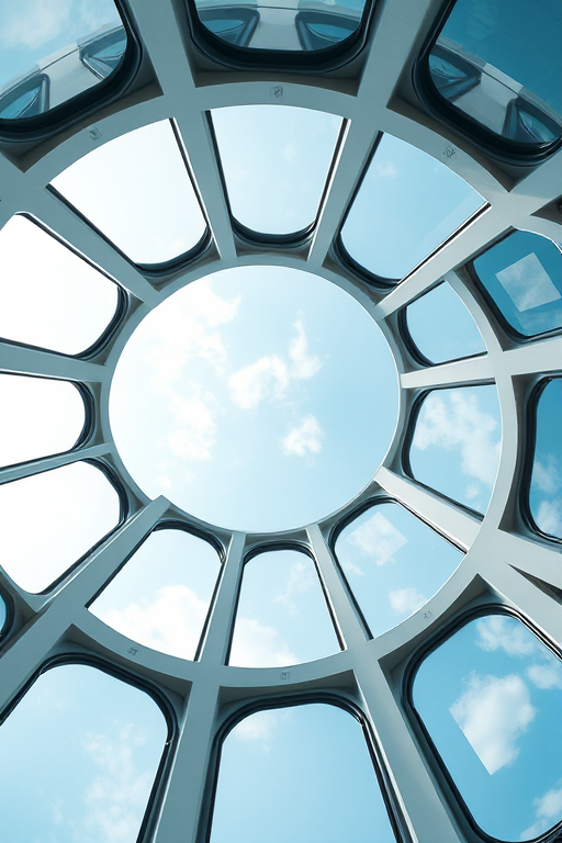 Regenerate an image of circular windows arranged in a ring, showing reflections of the sky, using a DSLR camera with a 50mm lens, aperture f/8, ISO 100, and a focal length of 50mm, shot from a straight-on view in natural light for clarity and detail.