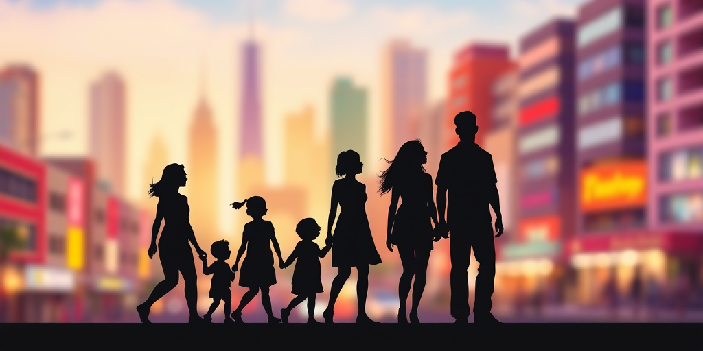 Create a vibrant cityscape illustration featuring silhouettes of diverse families against a colorful urban background with blurred bokeh effects, using a Canon EOS 5D Mark IV with a 50mm lens, aperture set to f/1.8, ISO 100, and shot from a low angle to capture depth and enhance the image quality.