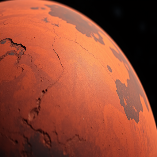A close-up digital illustration of a stylized planet Mars with textured surfaces and color variations, taken with a Canon EOS 5D Mark IV, aperture f/8, ISO 100, 50mm lens, vibrant colors and high-resolution detail.