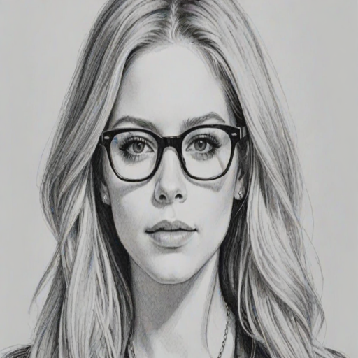 Exquisite Avril Lavigne, pencil sketch, portrait of Enchanting woman 1939s in glasses, hair style beatnik, outline, clear lines, fine lines, 8k