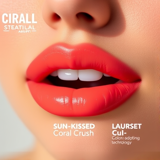 Sun-kissed Coral Crush lip color offering a vibrant orange-pink hue, dewy finish, and color-adapting technology, ideal for summer and tropical-inspired looks